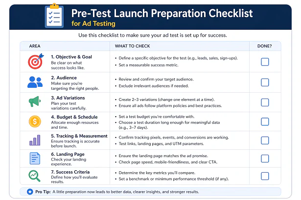 Pre-Test Launch Preparation Checklist for Ad Testings